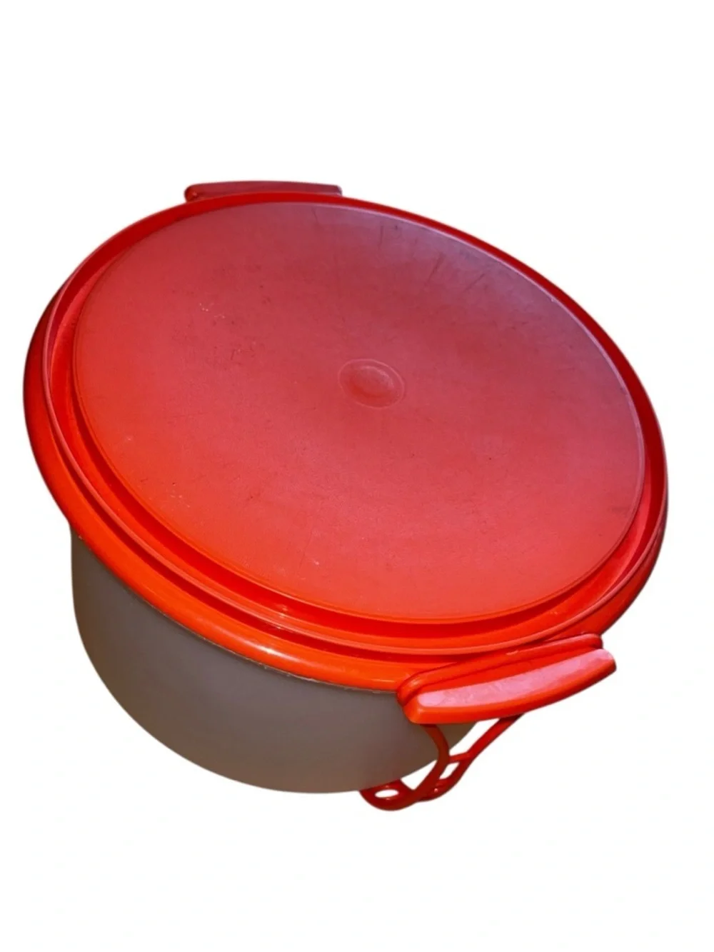 Vintage orange Tupperware cake carrier round retro